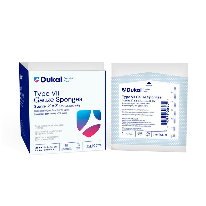 GAUZE SPONGE, TYPE VII, STERILE, 4" X 4", 8-PLY, 2/PK, 50 PK/BX, 12 BX/CS, SOLD AS CASE DUKAL 10000117
