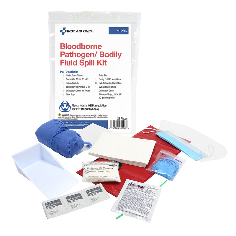 BLOODBORNE PATHOGEN/BODILY FLUID SPILL KIT, 23 PIECE, INCLUDES: NITRILE EXAM GLOVES, GERMICIDAL WIPES - 8"X8", SCOOP/SPATULA, SPIL, SOLD AS KIT FIRST 