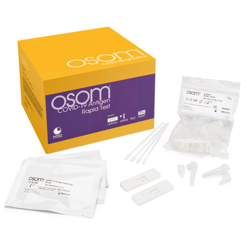 OSOM® AT-HOME TEST KIT INCLUDES: TWO OSOM® COVID-19 TEST DEVICES , TWO OSOM® ANTIGEN BUFFER TUBES , TWO STERILE NASAL SWABS, ONE A, SOLD AS KIT SEKISU