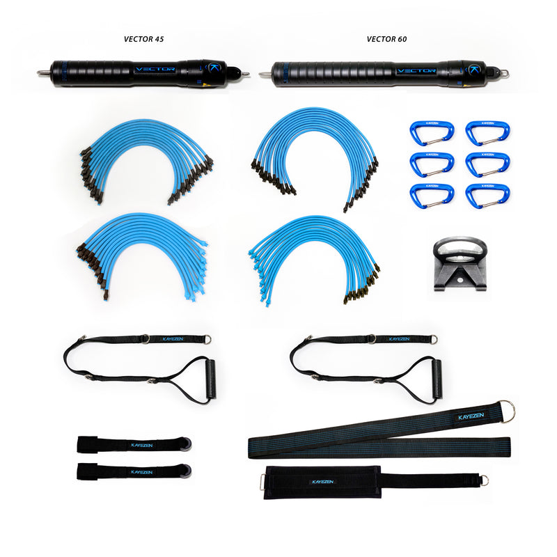VECTOR RESISTANCE SYSTEM CLINIC KIT: VECTOR 45 UNIT, W/ 10 LT + 10 HVY TUBES, VECTOR 60 UNIT W/TUBES, 2 DOOR ANCHORS, 2 LONG HANDL, SOLD AS EACH KAYEZ