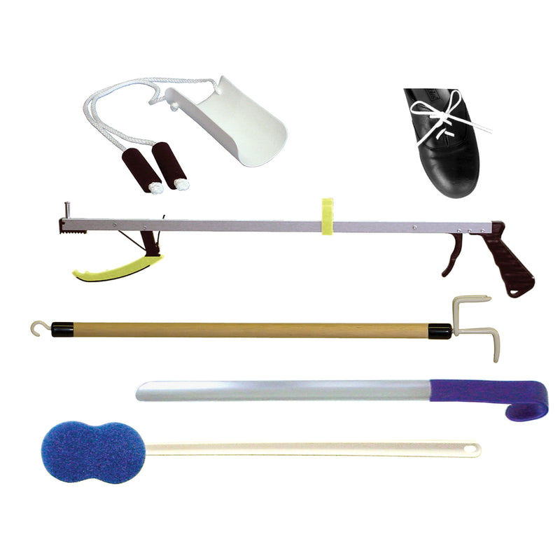 ADL HIP/KNEE KIT INCLUDES: 26" ECONO REACHER, TERRY COVERED SOCK AID, 20" METALLIC PLASTIC SHOEHORN, DRESSING STICK & LONG HANDLE , SOLD AS EACH KINSM