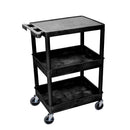 UTILITY CART, FLAT TOP, MIDDLE/BOTTOM TUB SHELVES , BLACK, 24"W X 18"D X 36.5"H, WITH 4" HEAVY DUTY CASTERS , MAXIMUM WEIGHT CAPAC, SOLD AS EACH LUXOR