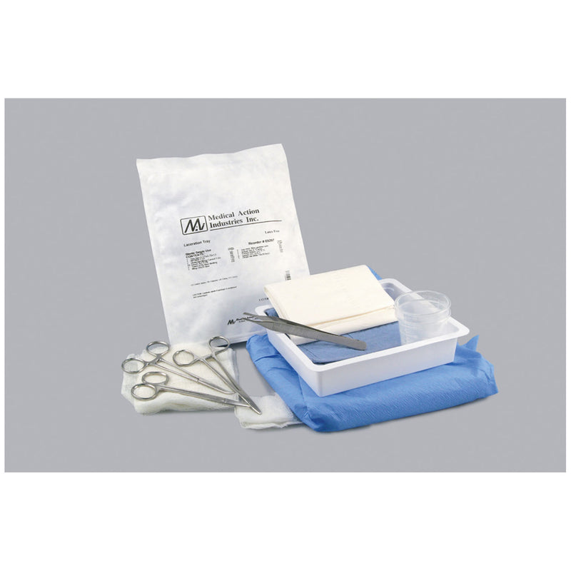 ONE TIME LACERATION TRAY, INCLUDES: 60CC MEDICINE CUPS, 18" X 26" FENESTRATED WHITE POLY-TISSUE DRAPE, 2" X 2" 8-PLY GAUZE SPONGE,, SOLD AS CASE MEDIC