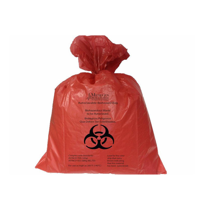 MEDEGEN INFECTIOUS WASTE BAGS. WASTE BAG, 24" X 30" RED, F-CODE SERIES: PASS THE ASTMD1922-67, 480 GRAM ELMENDORF TEST, 1.2 MIL, 8-12 GAL, 500/CS. BAG - BriteSources