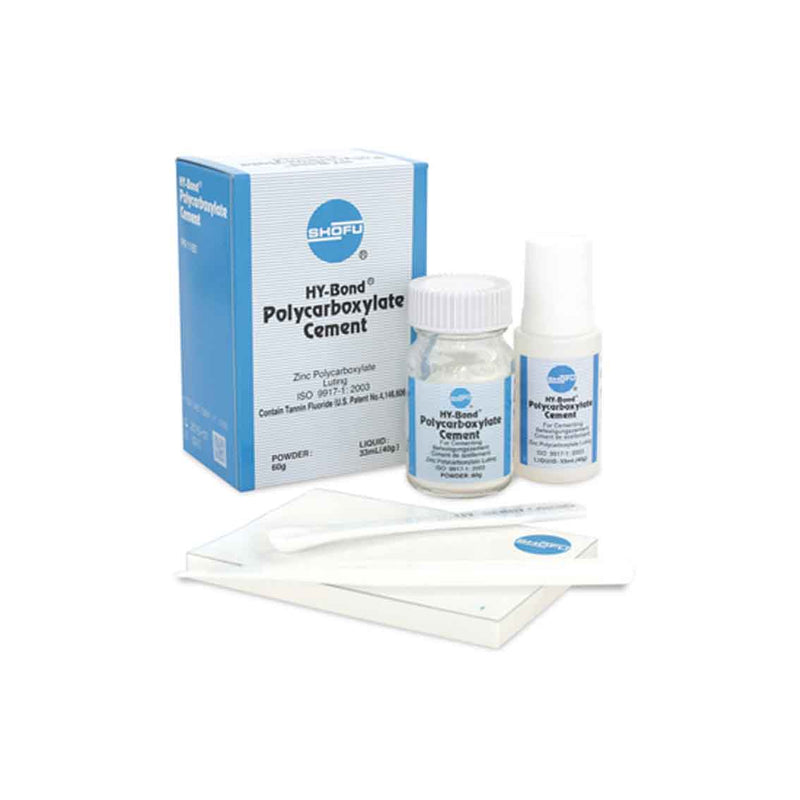 HY-BOND POLYCARBOXYLATE CEMENT KIT, INCLUDES: 60G POWDER, 33 ML LIQUID, MIXING PAD, SPATULA, DISPENSER AND INSTRUCTIONS, SOLD AS EACH SHOFU 10001192