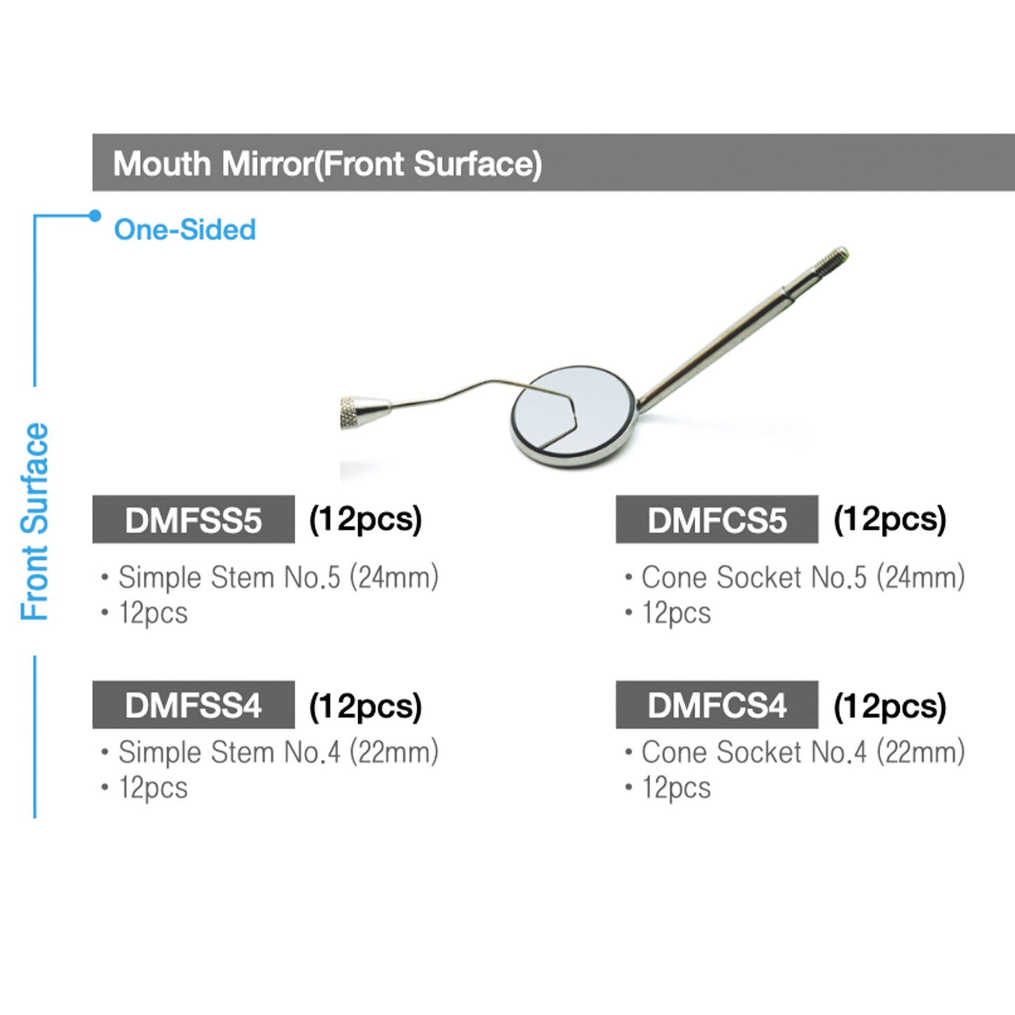 Mouth Mirror Front Surface, Simple Stem No. 5, 24mm dia, 12/Box - Osung USA