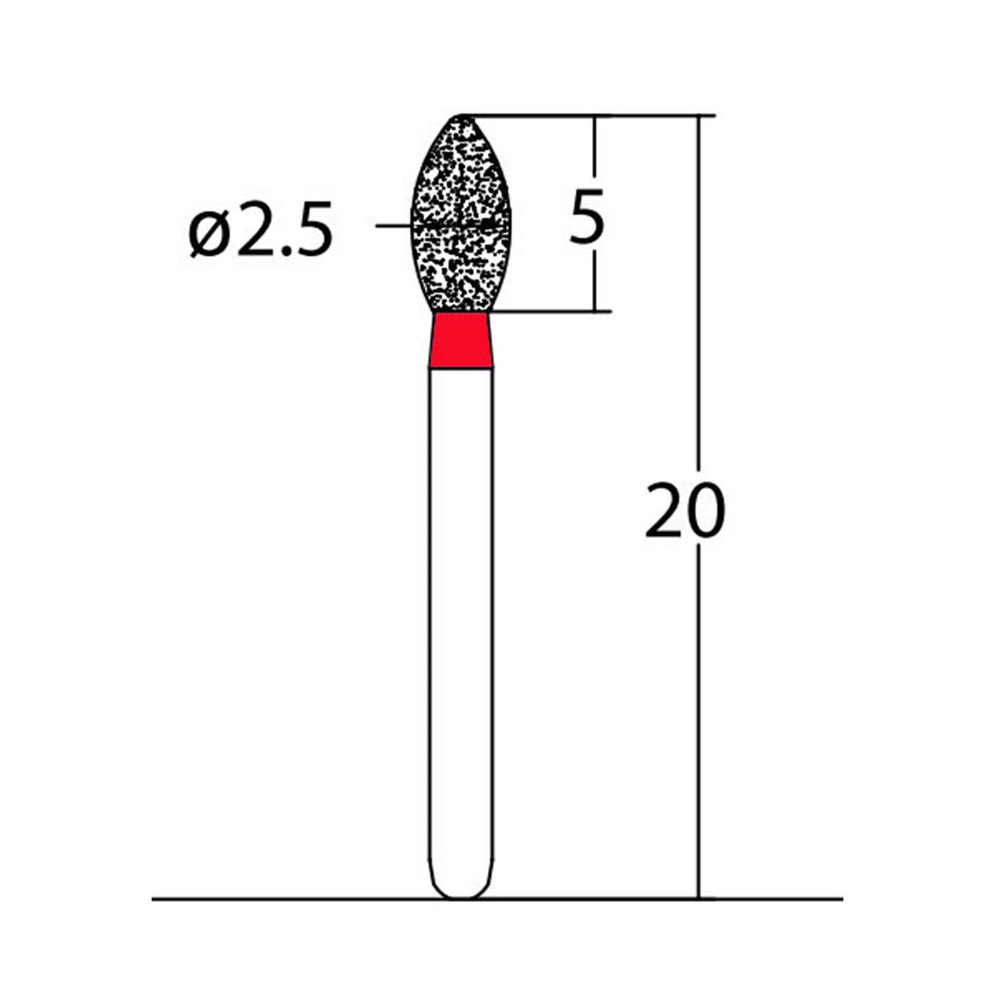 Bud, Slender 2.5 mm Dia. Fine Grit Diamond Bur 5 per pack. 257.25F1 - Osung USA