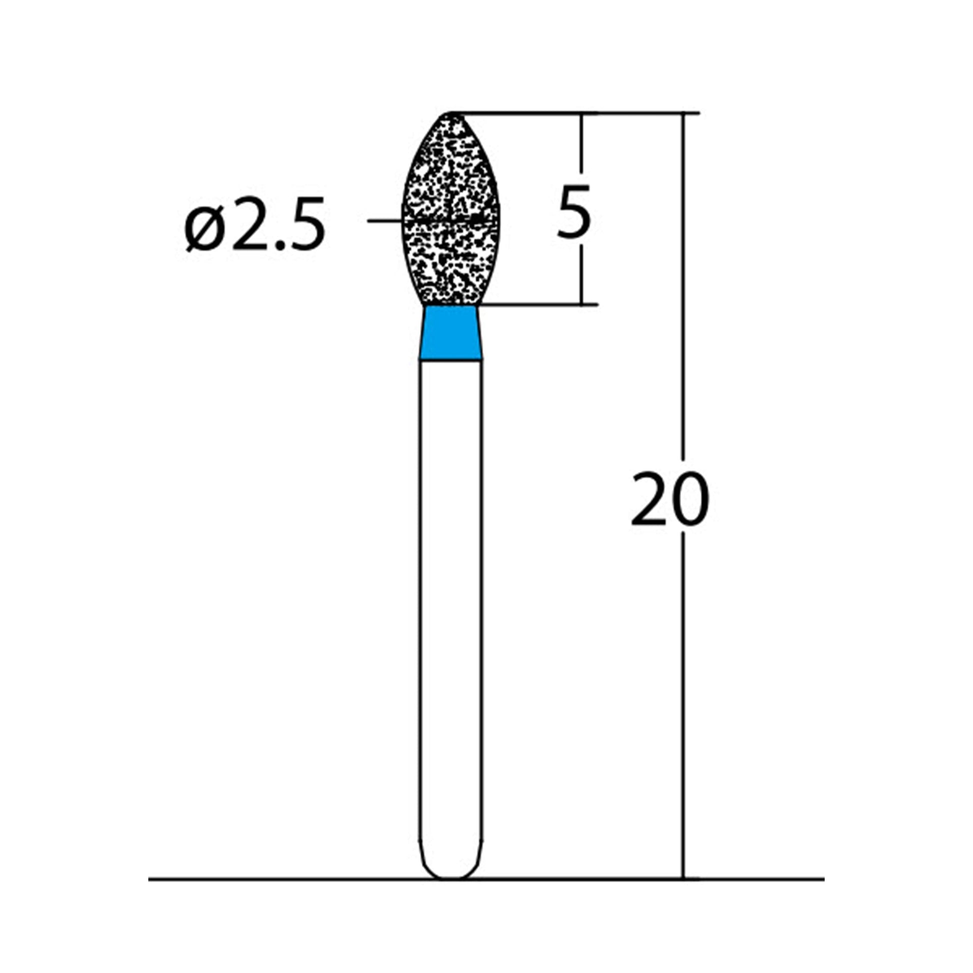 Bud, Slender 2.5 mm Dia. Medium Grit Diamond Bur 5 per pack. 257.25M1 - Osung USA