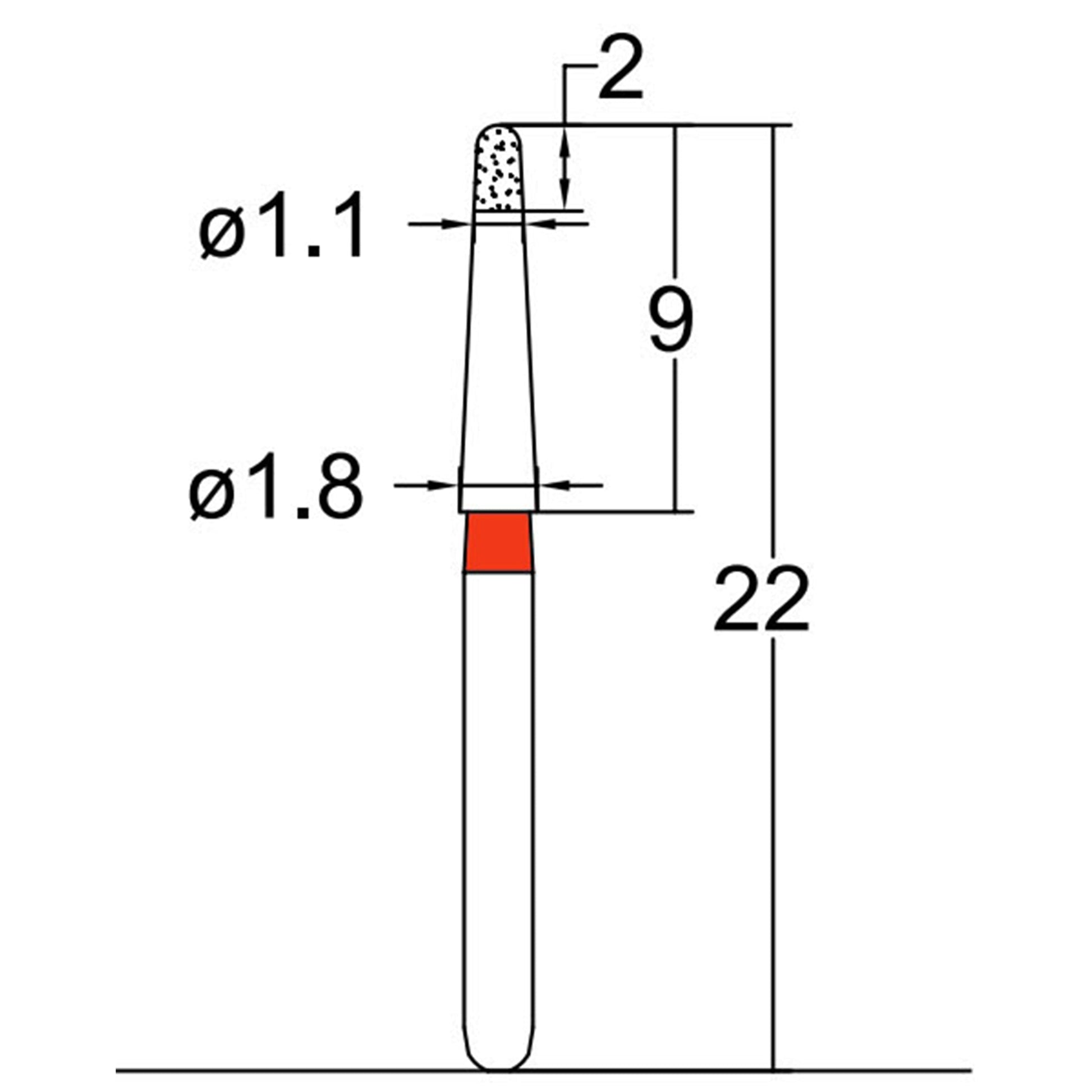 Torpedo, Long Neck 1.1 mm Dia. Fine Grit Diamond Bur 5 per pack. 534.11F1 - Osung USA