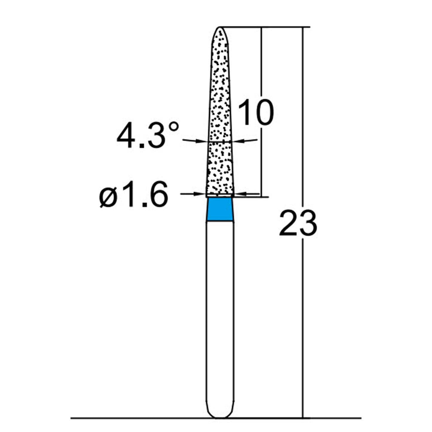 Torpedo, Conical 1.6 mm Dia. Medium Grit Diamond Bur 5 per pack. 294.16M4 - Osung USA