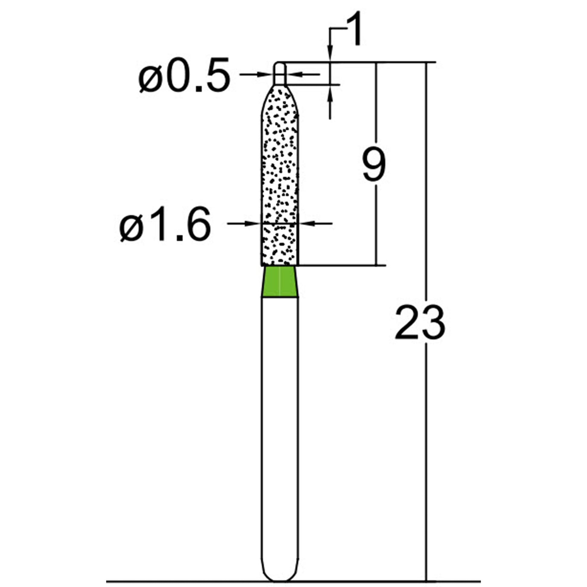 Cylindrical, Ogival End, Side Cutting Only 1.6 mm Dia. Coarse Grit Diamond Bur 5 per pack. 255.16C1 - Osung USA