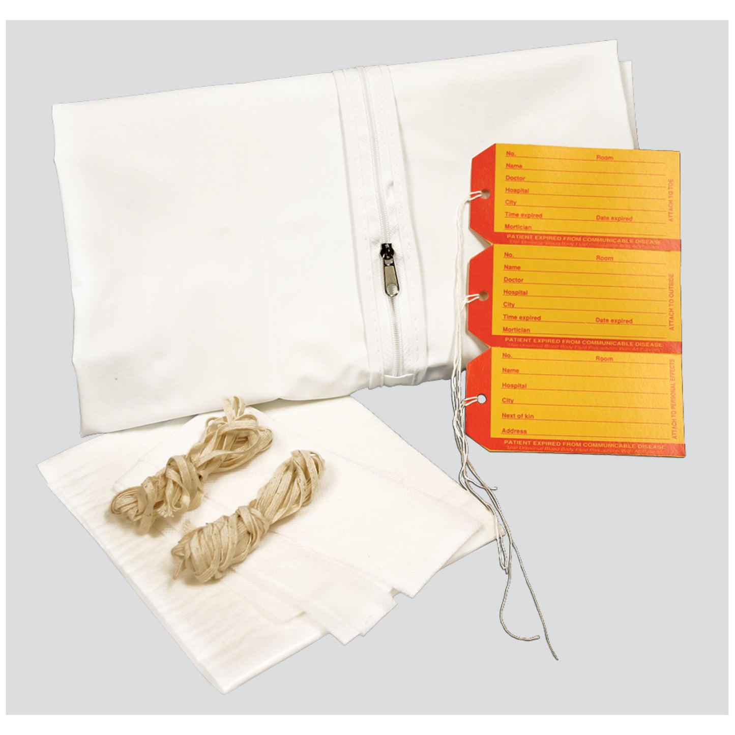 Precision Dynamics Cadaver Bags Pediatric Cadaver Bag, 28" X 46", White, Straight Zipper, 3 White & 3 Yellow Id Tags, Plus 1 Chin Strap, 2 Cellulose Pads, 2-60" Ties, 3-36" Ties & Instruction Sheet, 5 Mil Vinyl, 10/Cs