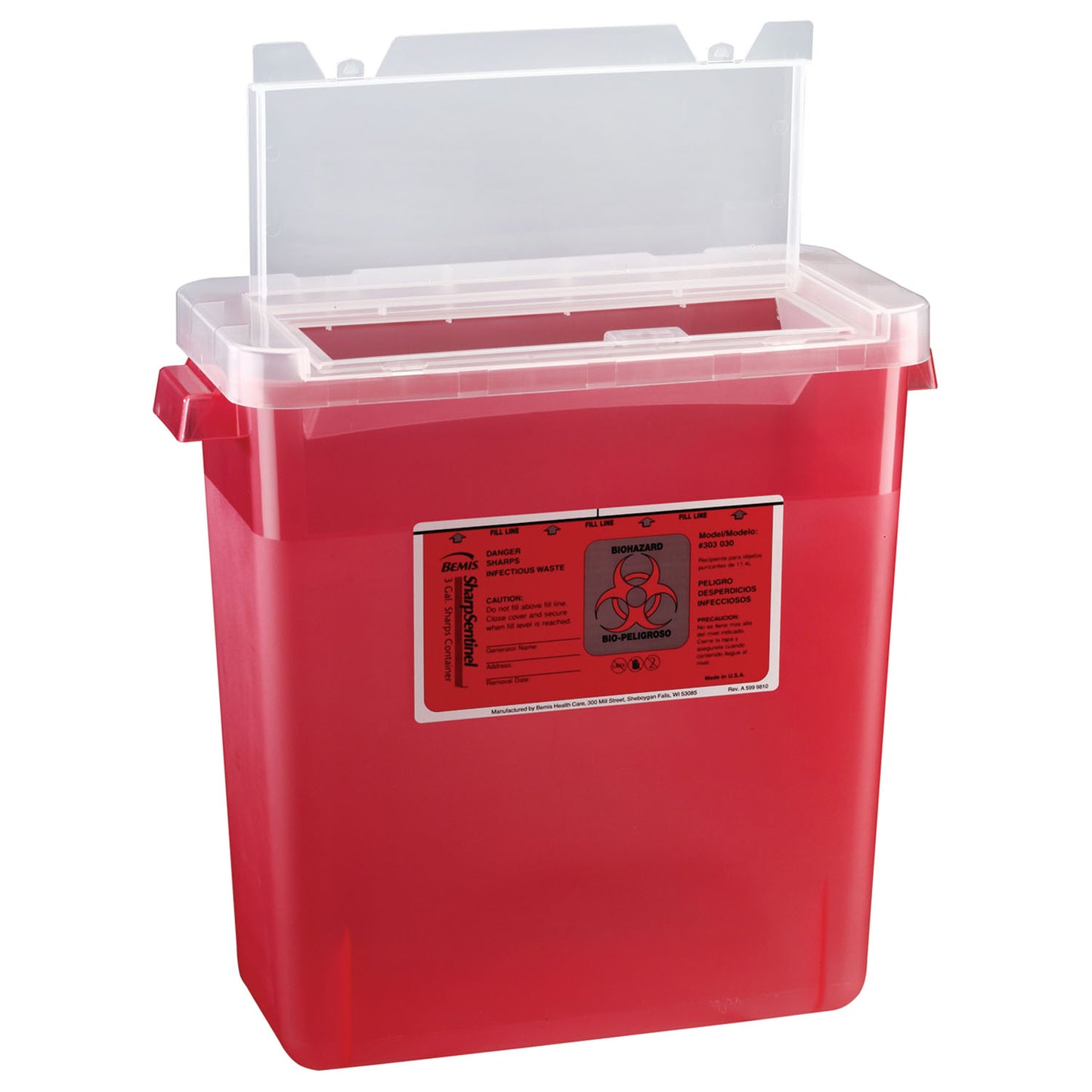 Bemis Sharps Containers Sharps Container, 3 Gal, Large Opening Lid, Translucent Red, 12/Cs