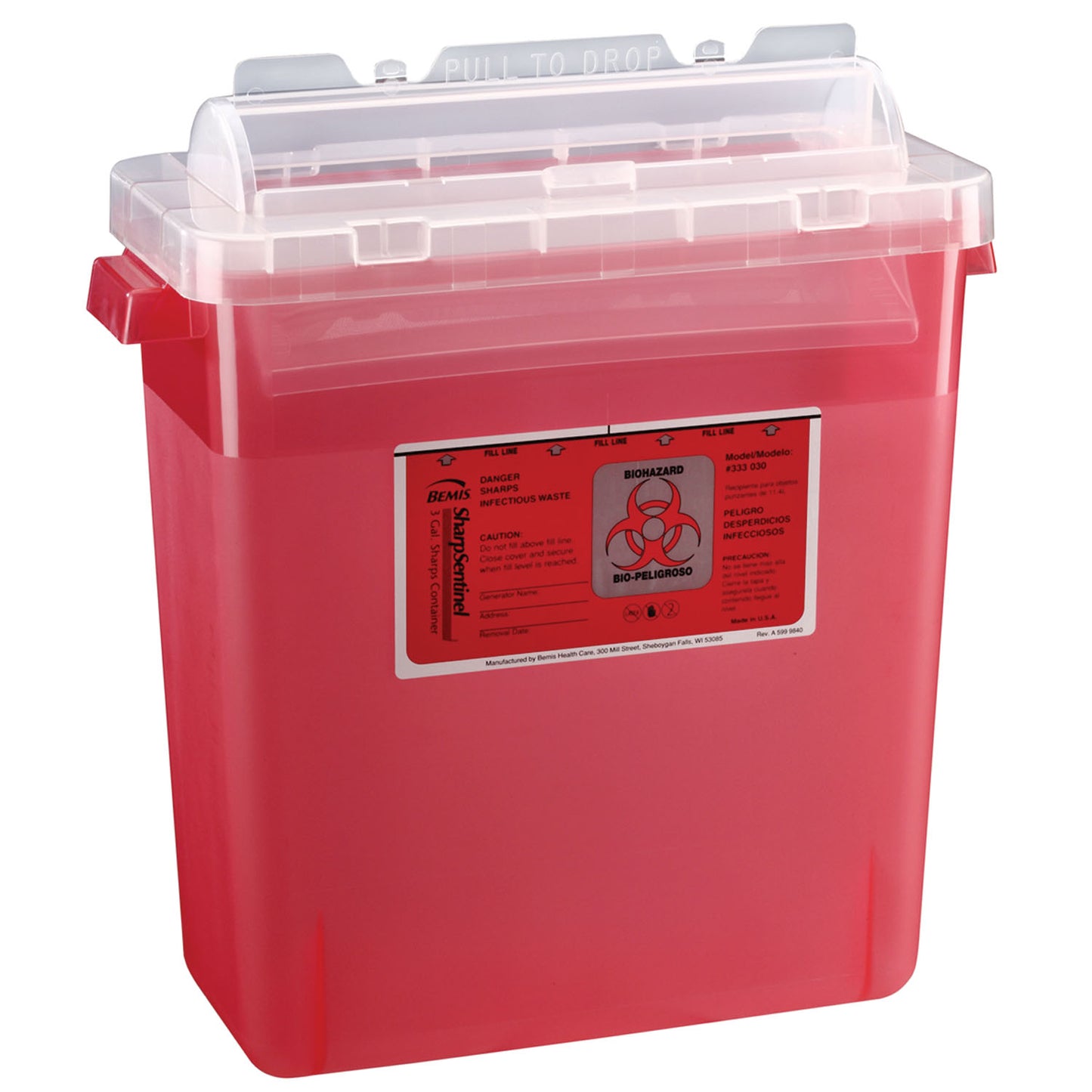 Bemis Sharps Containers Sharps Container, 3 Gal, Rotating Lid, Translucent Red, 12/Cs