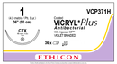 SUTURE, TAPER POINT, SIZE 1, 36", VIOLET BRAIDED, NEEDLE CTX, ½ CIRCLE, 3 DZ/BX, SOLD AS BOX ETHICON 243