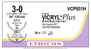 SUTURE, TAPER POINT REVERSE CUTTING, SIZE 3-0, 54", UNDYED BRAIDED, NEEDLE CT-1 CP-1, ½ CIRCLE, 3 DZ/BX, SOLD AS BOX ETHICON 243