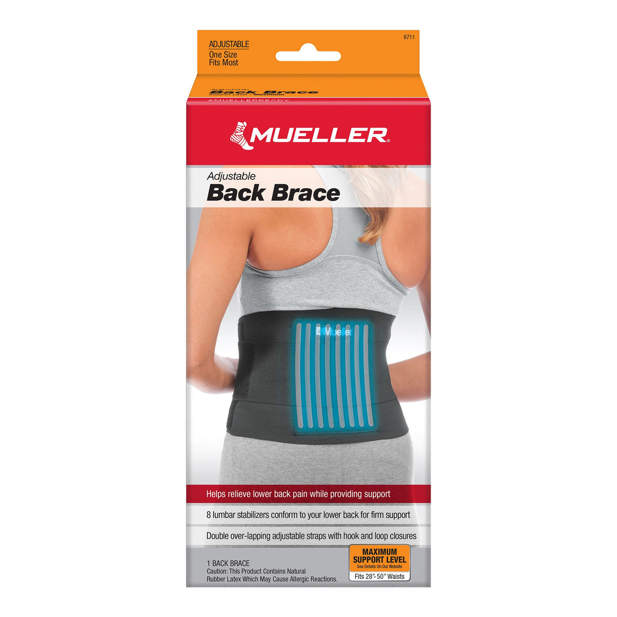 Mueller® Back Brace, Lumbar Support, 28 – 50 Inch Waist, Hook And Loop Closure, 1/Ea