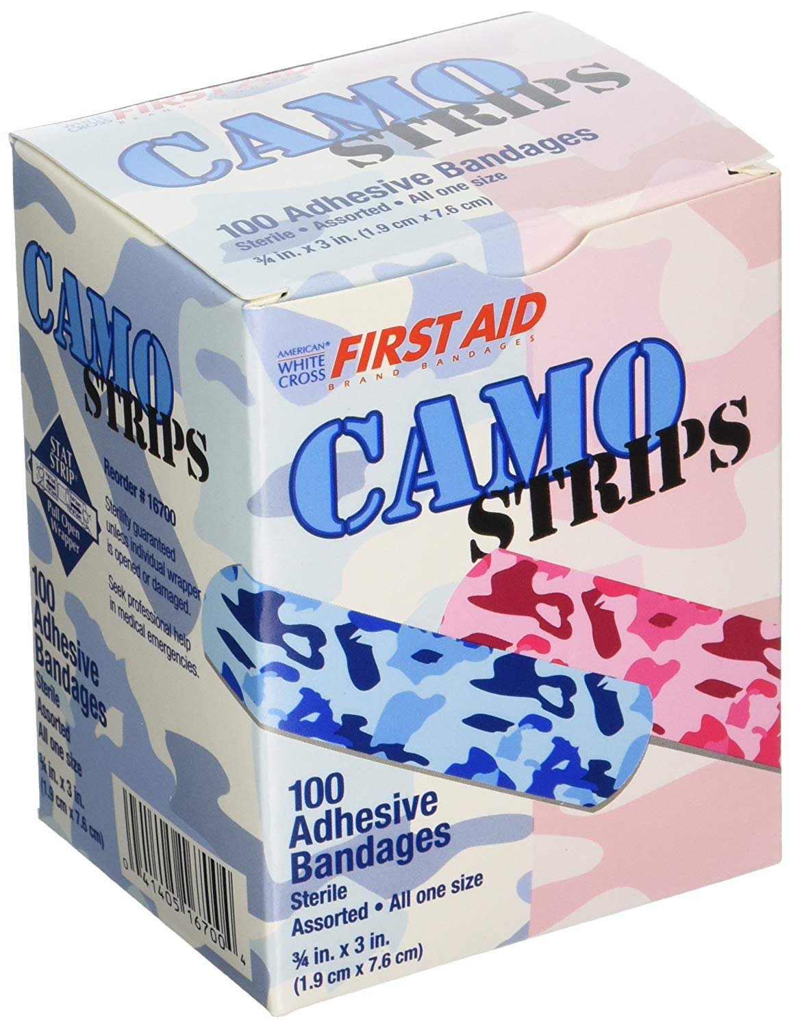 American White Cross Stat Strip Kid Design (Blue / Pink Camo) Adhesive Strip, 3/4 x 3 Inch 100/BOX -16700