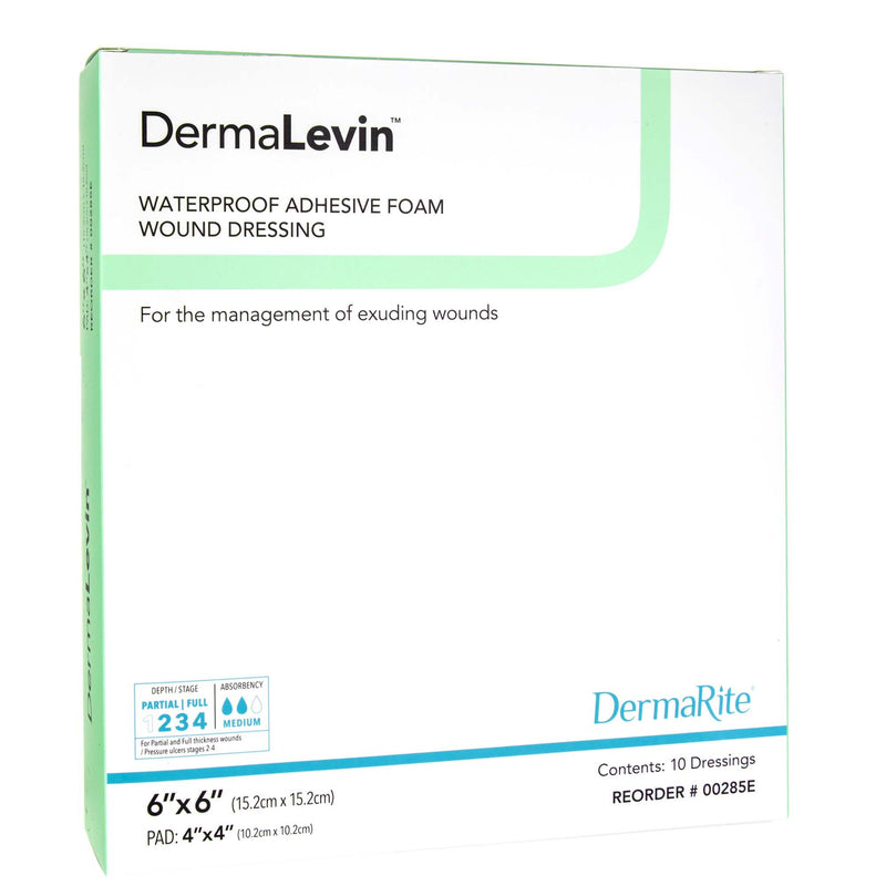 DermaLevin Adhesive with Border Foam Dressing, 6 x 6 Inch 10/BOX -00285E - BriteSources
