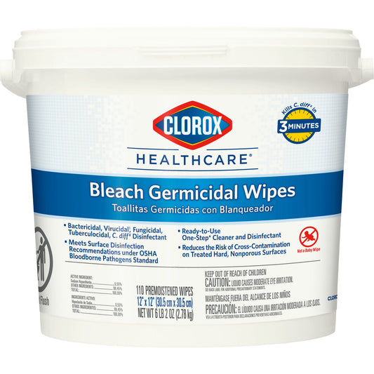 Clorox Healthcare® Bleach Germicidal Wipes, Bucket, 110 Ct., 2/Cs