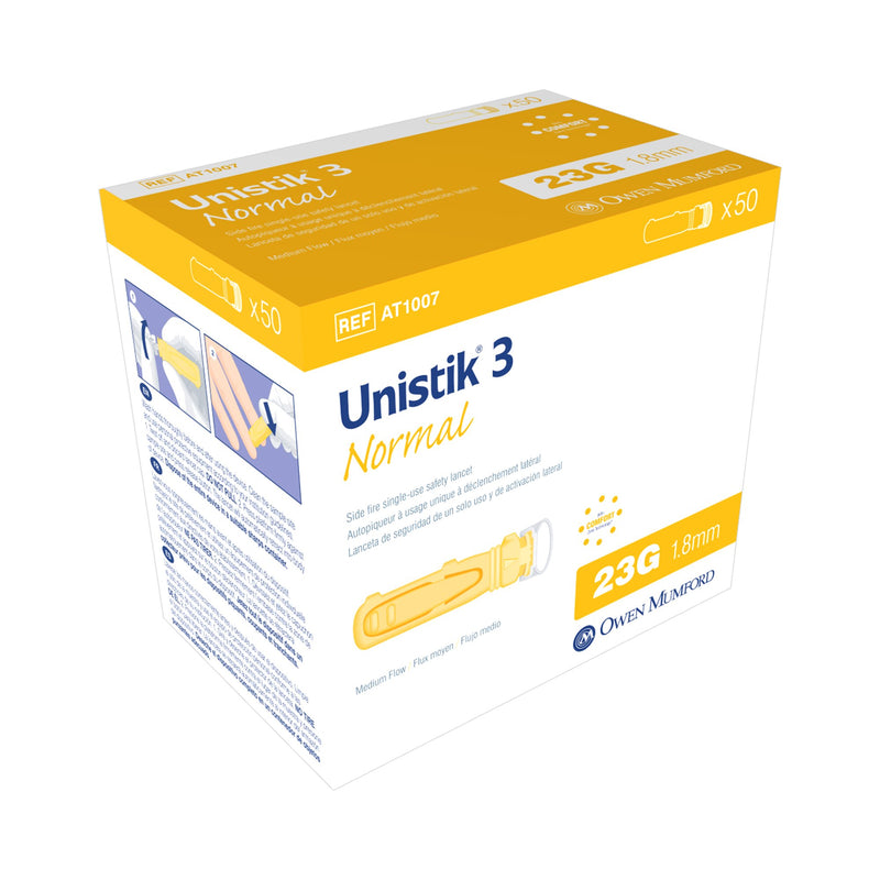 UNISTIK® 3 NORMAL SAFETY LANCET, 23 GAUGE, 50 CT., SOLD AS 50/BOX OWEN AT 1007