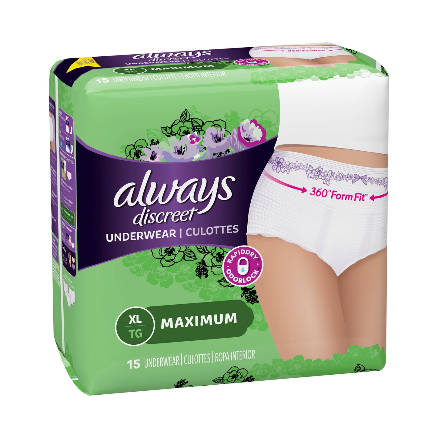 Always Discreet Maximum Absorbent Underwear, Extra Large 45/CASE -10037000887611