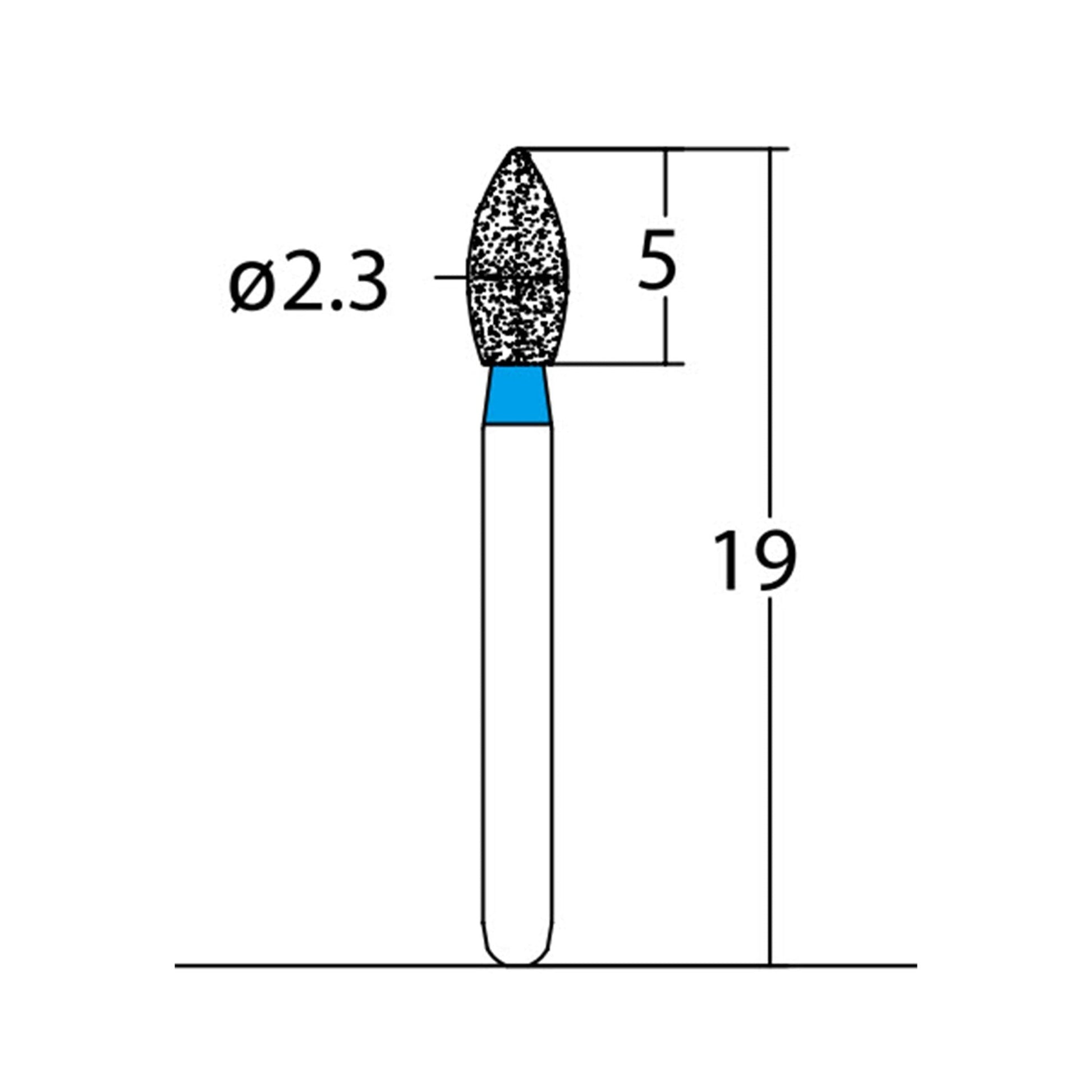 Bud, Slender 2.3 mm Dia. Medium Grit Diamond Bur 5 per pack. 257.23M1 - Osung USA