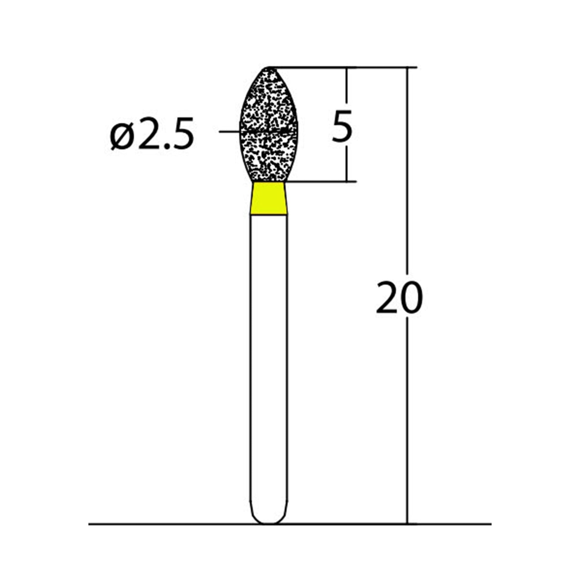 Bud, Slender 2.5 mm Dia. Extra Fine Grit Diamond Bur 5 per pack. 257.25EF1 - Osung USA