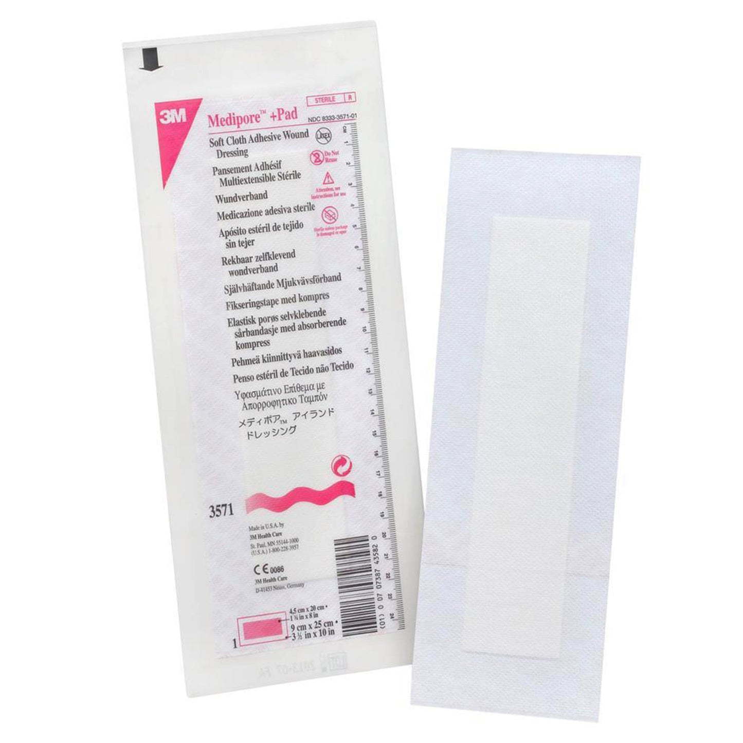 3M™ Medipore™ + Pad Soft Cloth Adhesive Dressing, 3½ x 10 Inch 100/CASE -3571