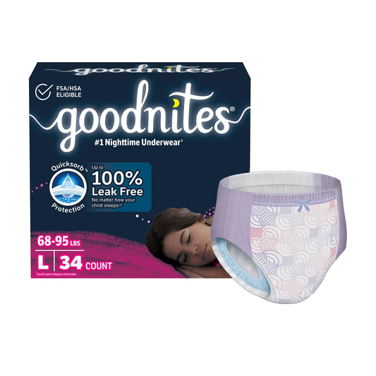 Goodnites® Heavy Absorbency Nighttime Underwear, Large for Girls 68 – 95 lbs., 34/CS
