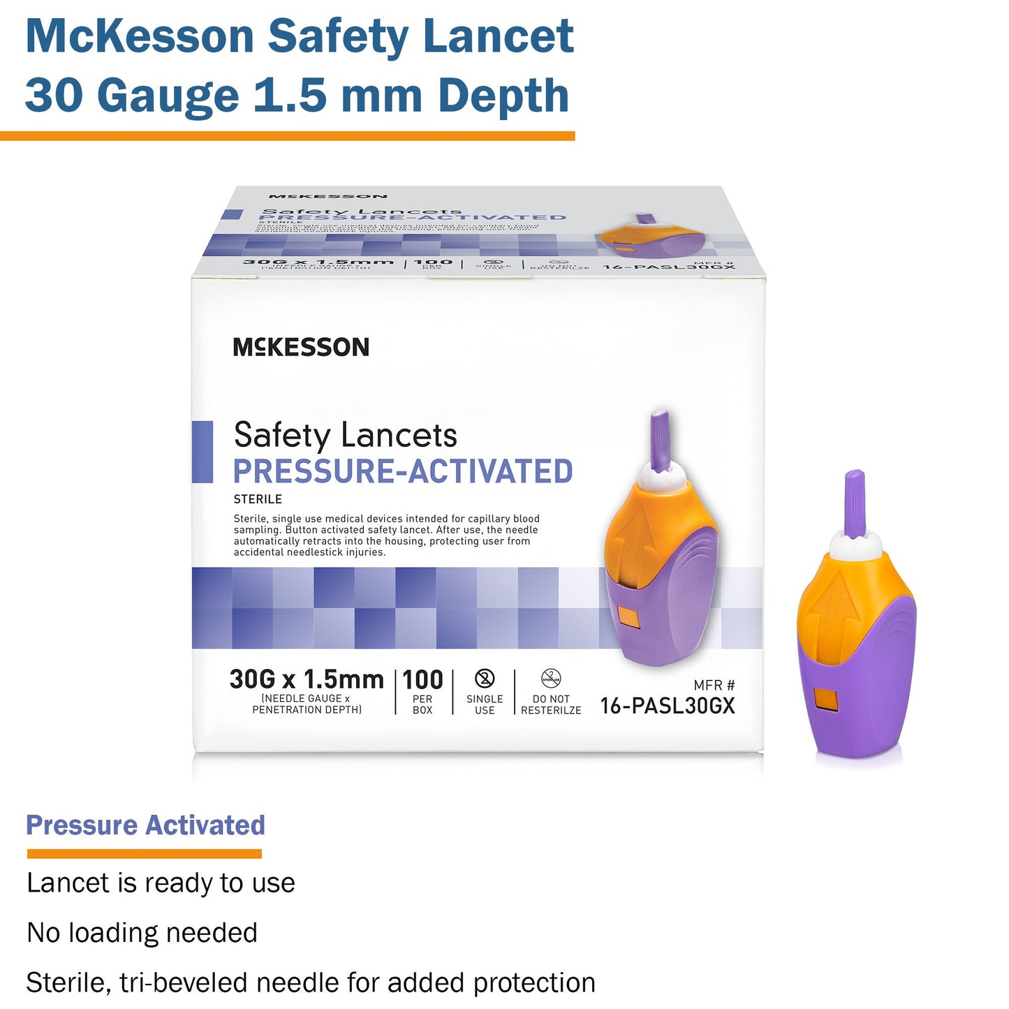 McKesson Pressure Activated Safety Lancets, 30 Gauge, Purple