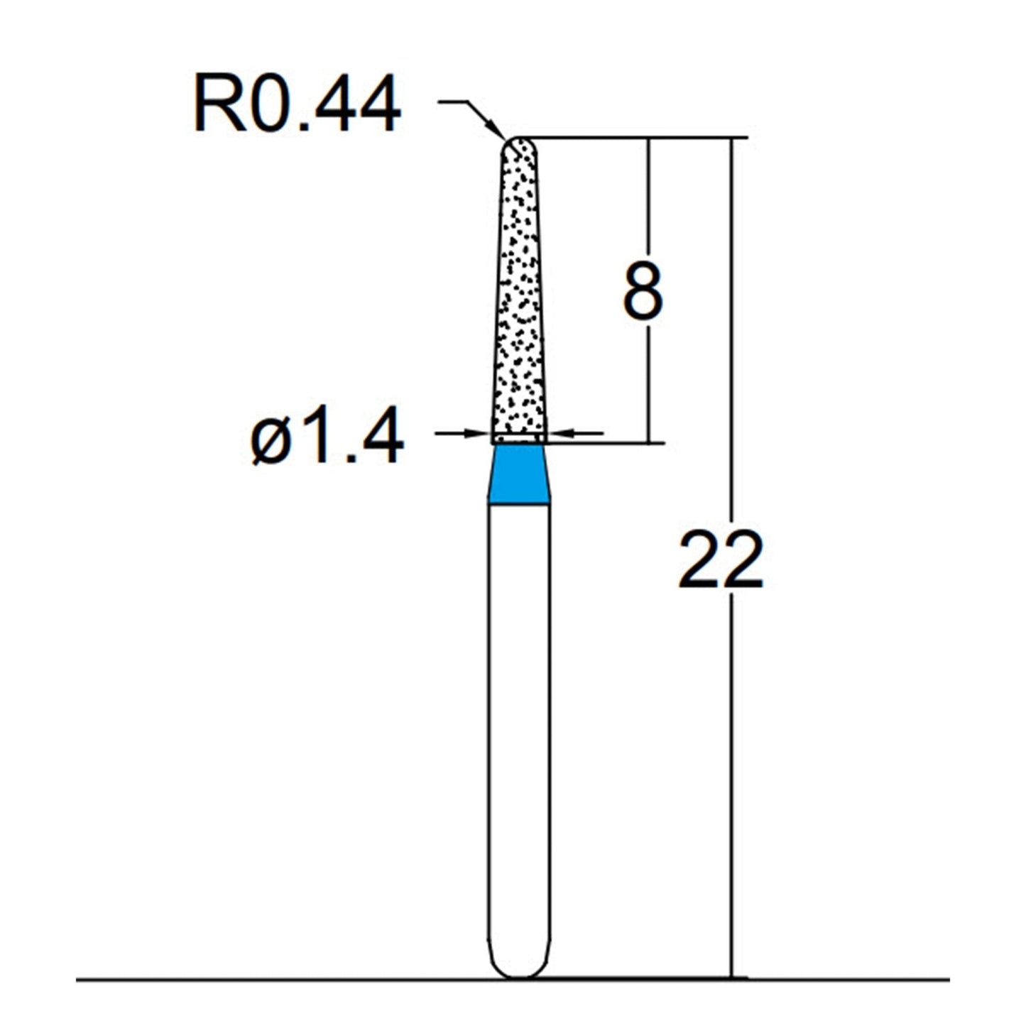 Conical, Dome End 1.4 mm Dia. Medium Grit Diamond Bur 5 per pack. 194.14M2 - Osung USA