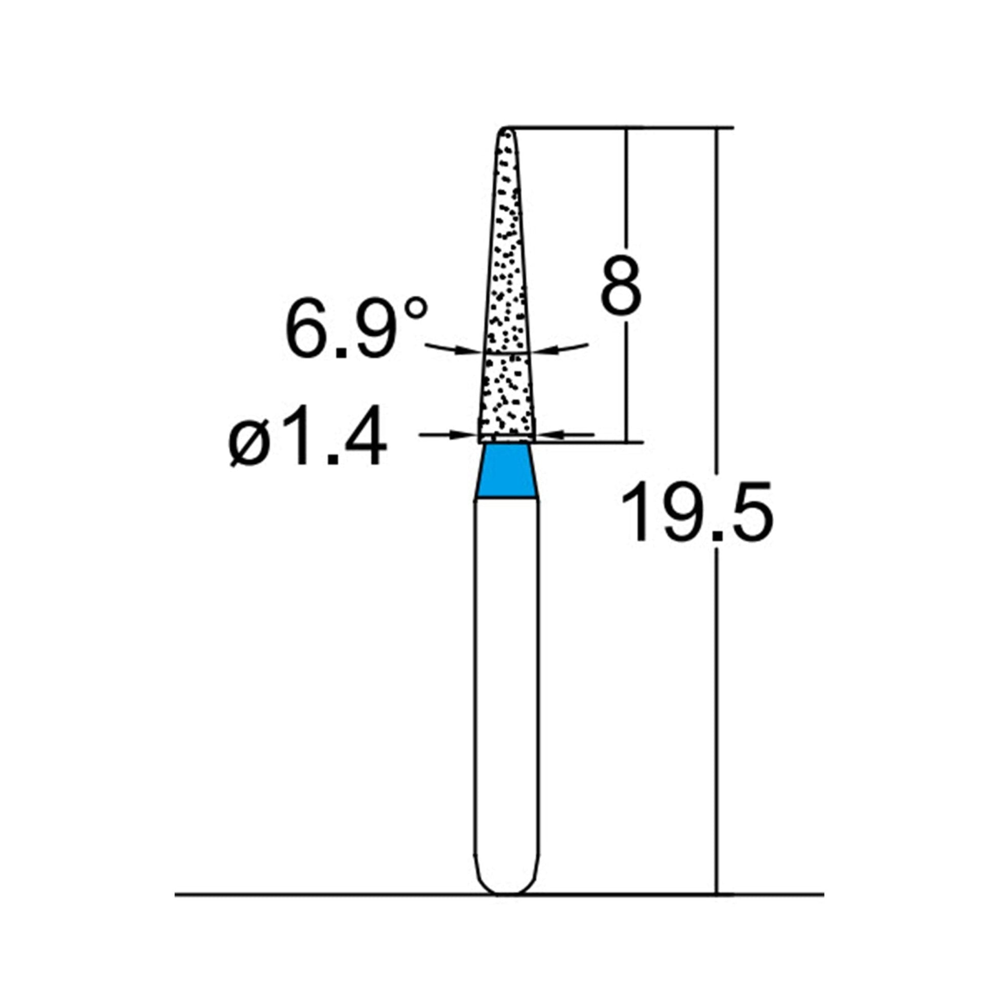 Conical Pointed, Slender 1.4 mm Dia. Medium Grit Diamond Bur 5 per pack. 164.14M2S - Osung USA