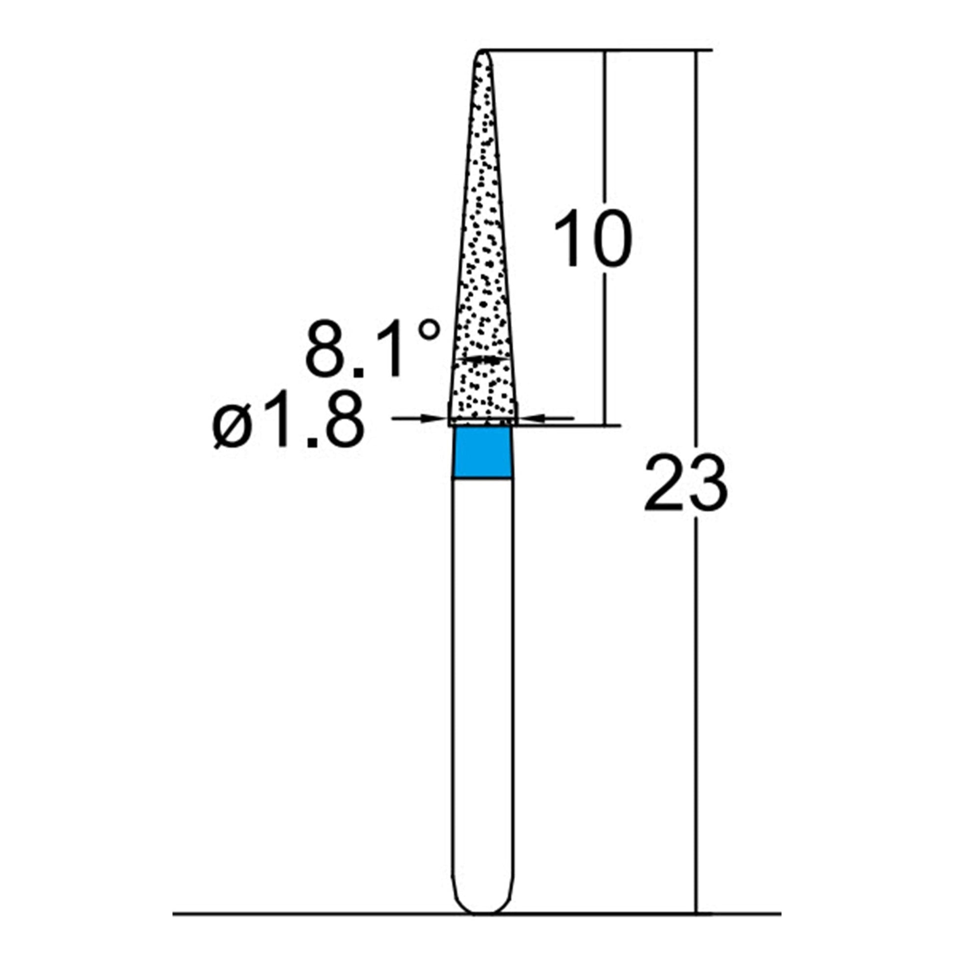 Conical Pointed, Slender 1.8 mm Dia. Medium Grit Diamond Bur 5 per pack. 164.18M1 - Osung USA