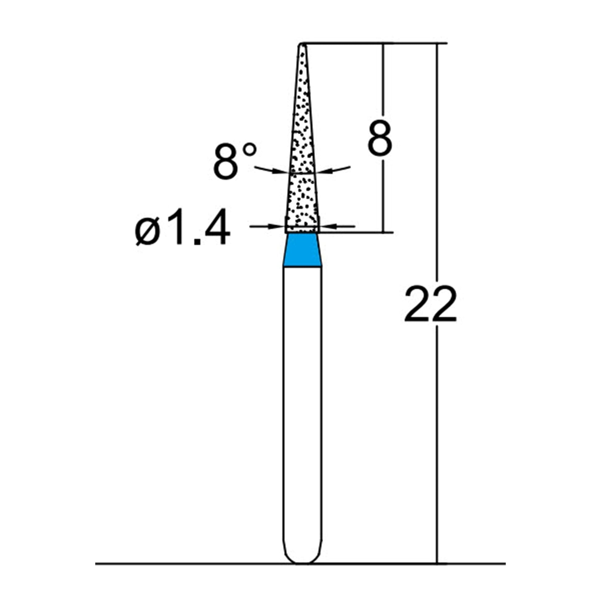 Conical Pointed, Slender1.4 mm Dia. Medium Grit Diamond Bur 5 per pack. 164.14M1 - Osung USA