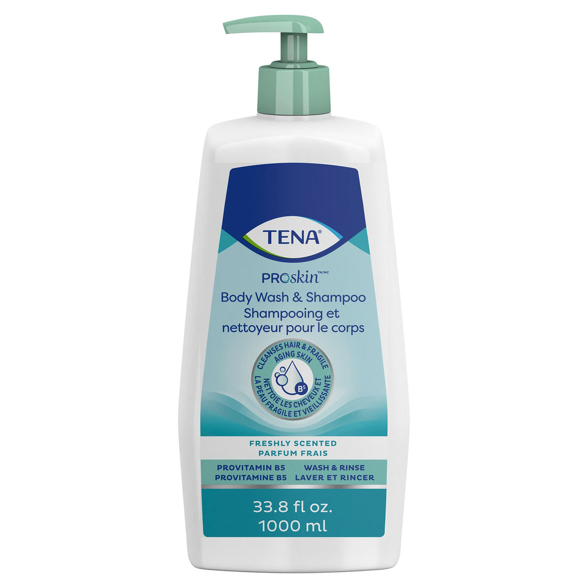 Tena Unscented Shampoo and Body Wash, Pump Bottle, 1,000 mL, 8/CS