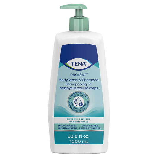 Tena Unscented Shampoo and Body Wash, Pump Bottle, 1,000 mL, 8/CS
