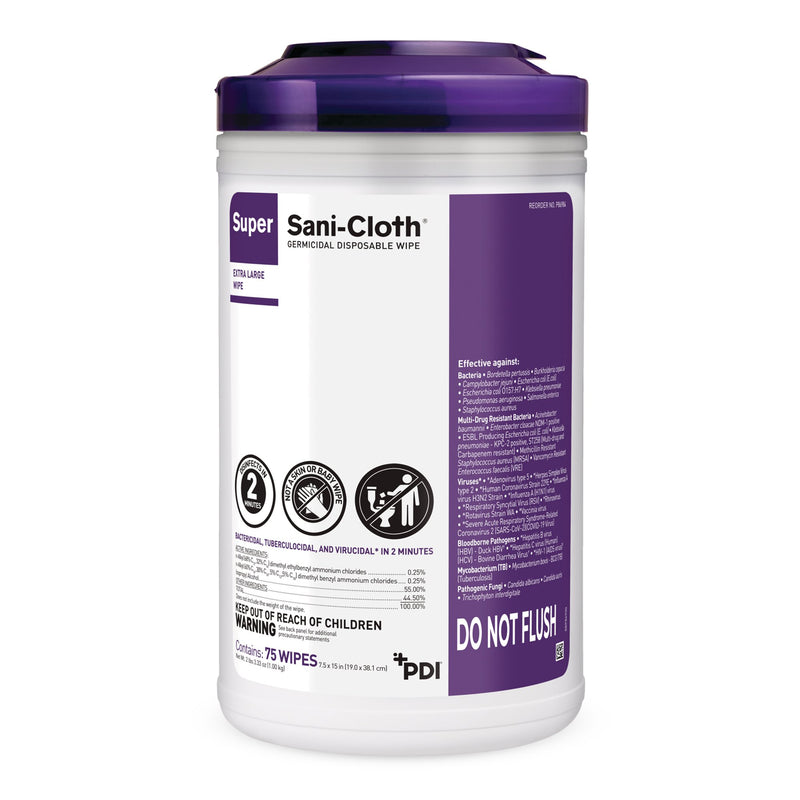 SUPER SANI-CLOTH® EXTRA LARGE GERMICIDAL DISINFECTANT WIPES, CANISTER, 75 CT., SOLD AS 450/CASE PROFESSIONAL P86984