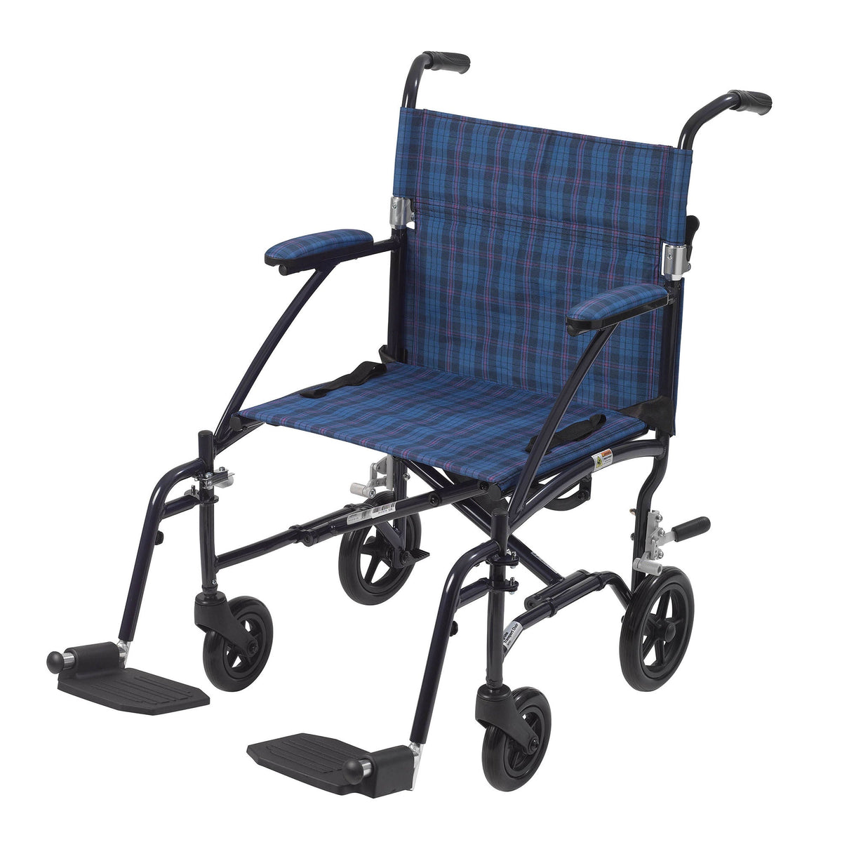 drive™ Fly-Lite Ultra Transport Wheelchair, Blue Frame w/ Plaid Upholstery, 1/EA