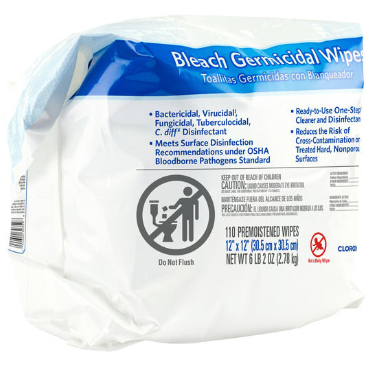 Clorox Healthcare® Bleach Germicidal Wipes, Refill Pouch, 110 Ct., 2/Cs