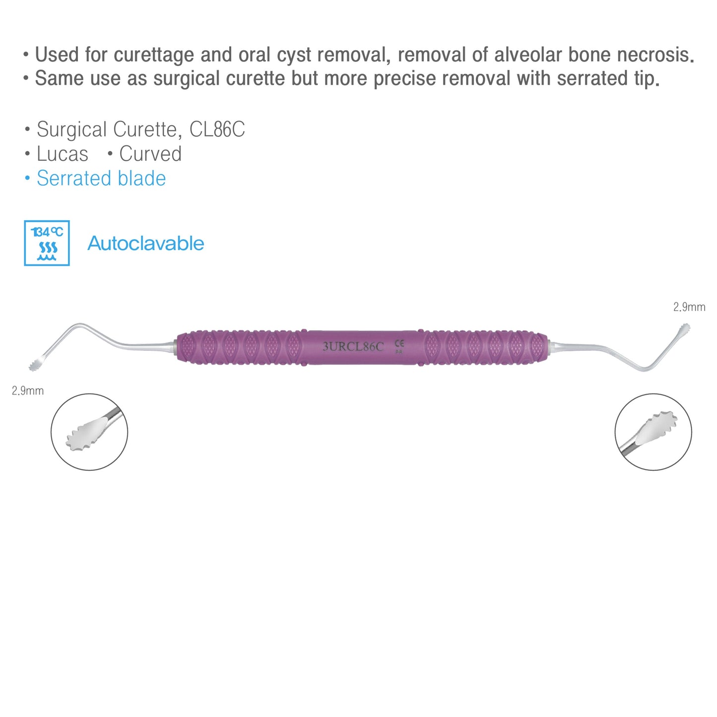 Osung 86C Serrated Lucas Surgical Curette 2.9mm Curved -3URCL86C - Osung USA