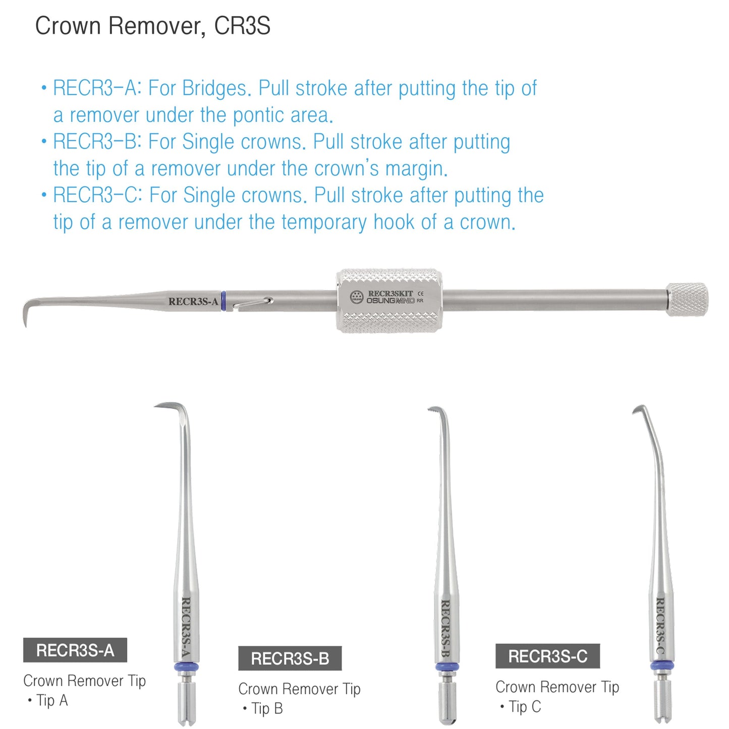 Osung Manual Dental Crown Remover with 3 Tips Premium -RECR3KIT - Osung USA