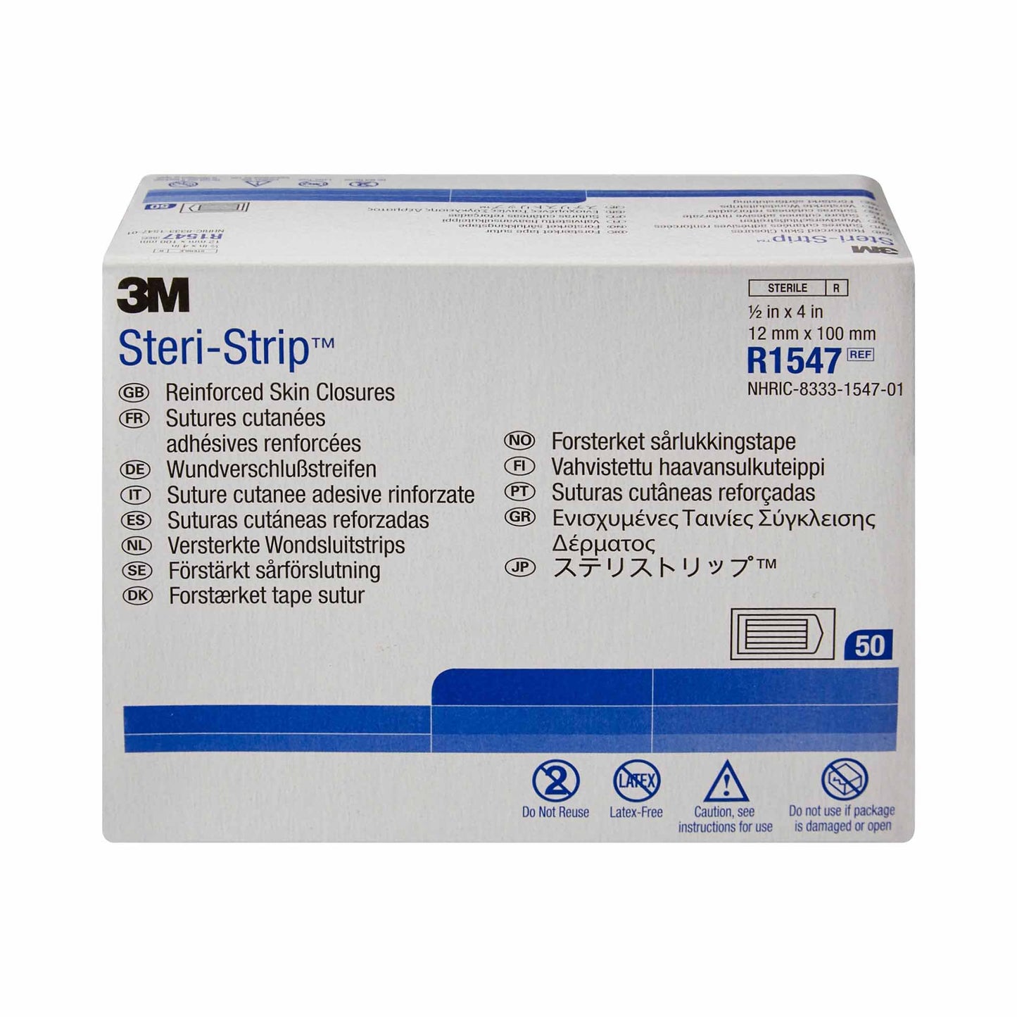 3M Steri-Strip Skin Closure Strips, Non-Woven, 1/2 inch X 4 inch, Reinforced Strip, White 1/PACK -R1547