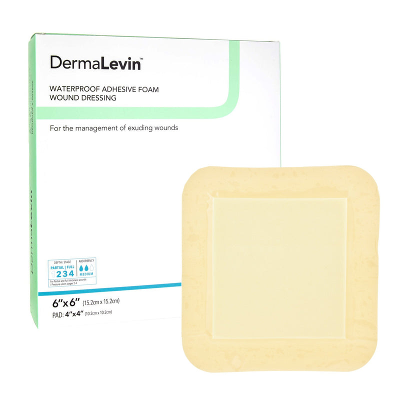 DermaLevin Adhesive with Border Foam Dressing, 6 x 6 Inch 10/BOX -00285E - BriteSources