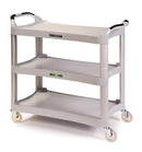 18-1/2"W X 36"L X 35"H LIGHT GRAY PLASTIC UTILITY CART W/ALUMINUM LEGS; 300 LB. LOAD CAPACITY; THREE 16"W X 28-1/2"L SHELVES W/11-, SOLD AS EACH LAKES