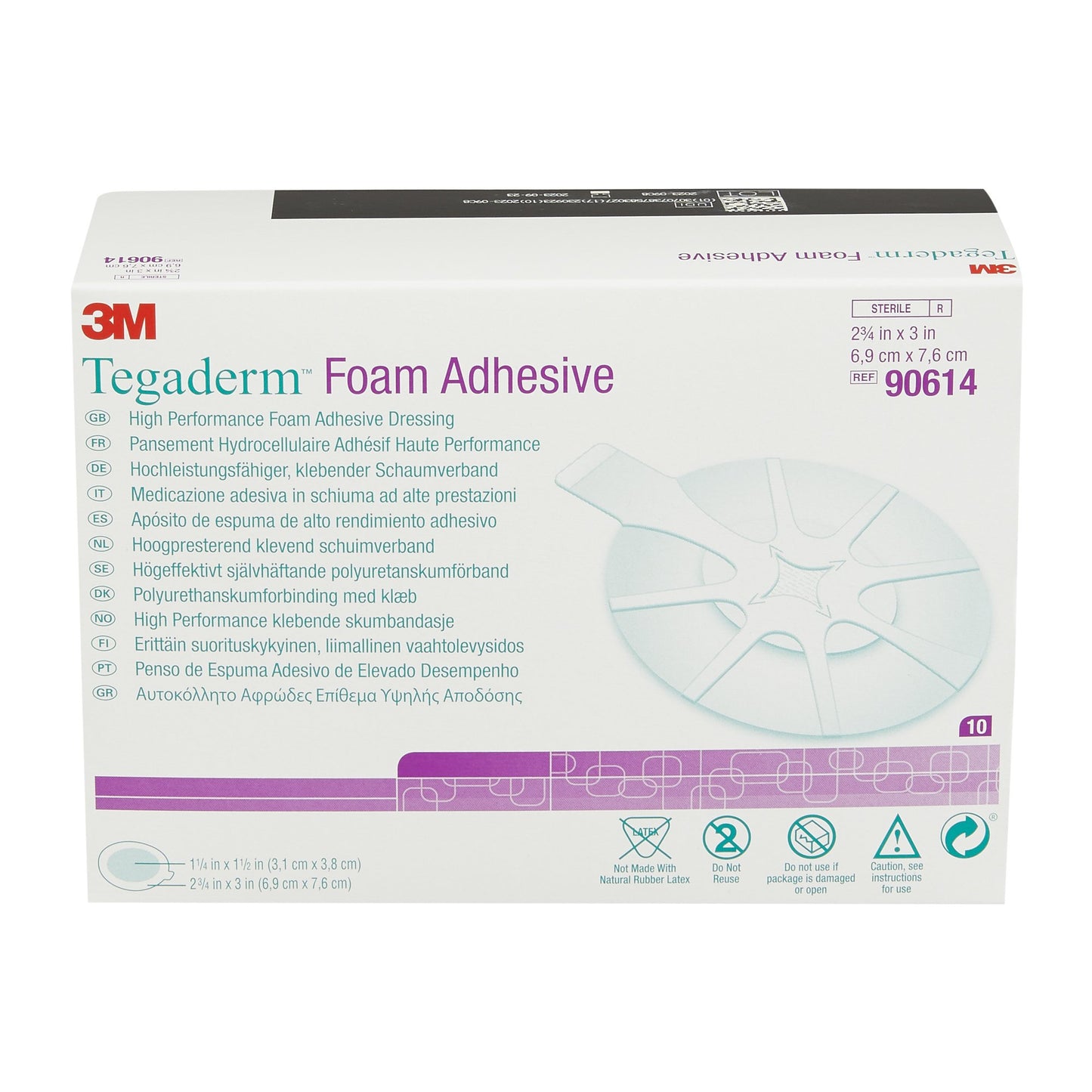 3M™ Tegaderm™ High Performance Adhesive with Border Foam Dressing, 2 x 2 Inch 10/BOX -90614