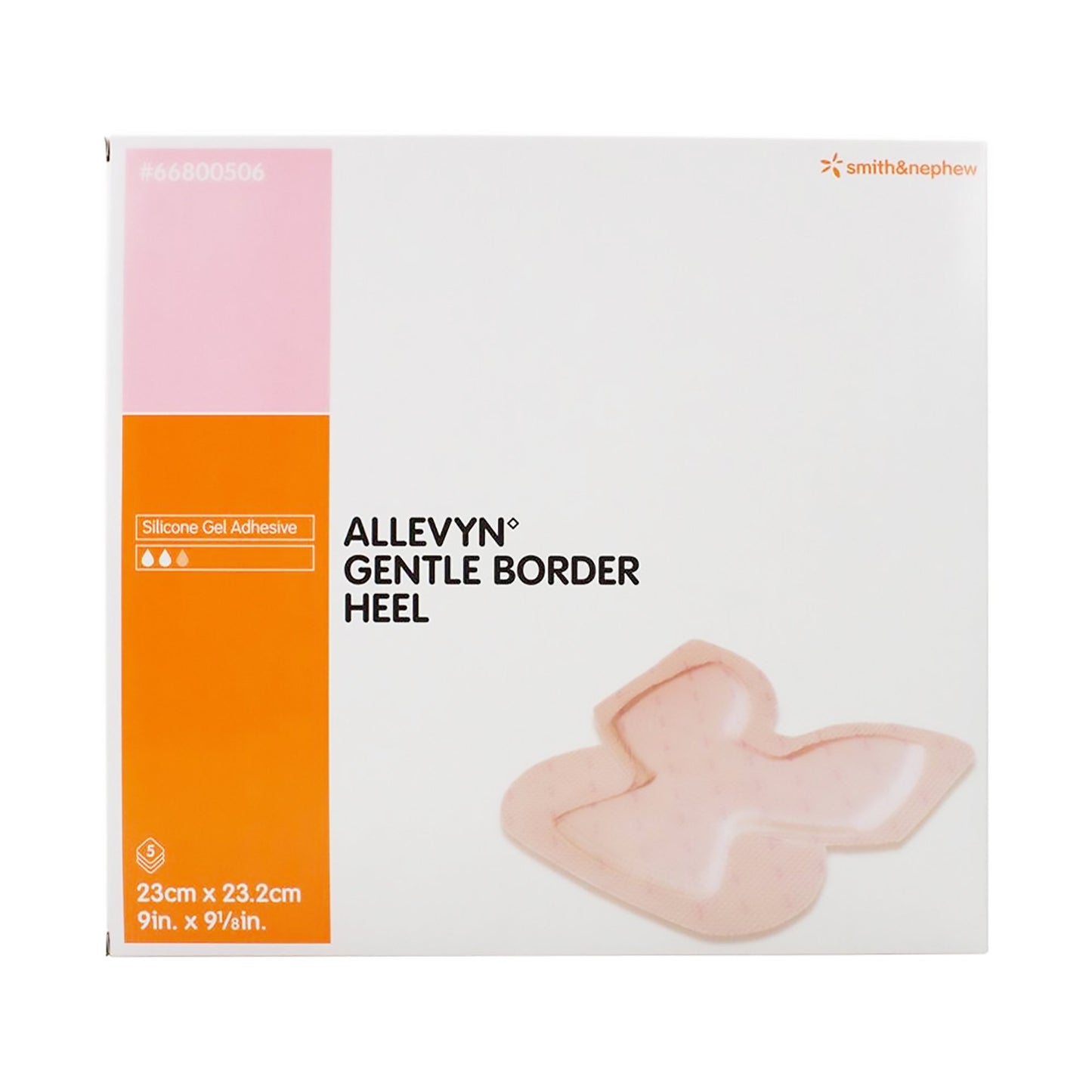 Allevyn Gentle Border Heel Silicone Gel Adhesive with Border Silicone Foam Dressing, 9 x 9-1/8 Inch 5/BOX -66800506