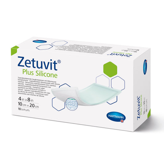 Zetuvit Plus Silicone Super Absorbent Dressing, 4 x 8 Inch 10/BOX -413813