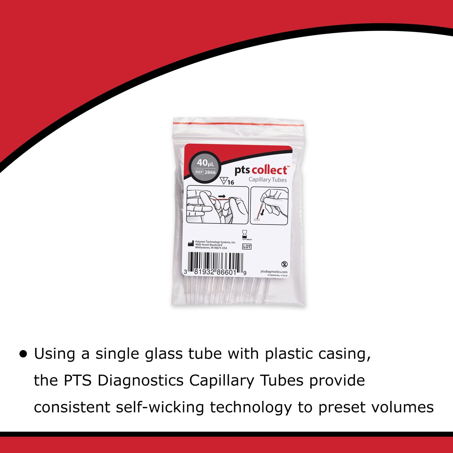 PTS Diagnostics Capillary Blood Collection Tube, 40 µL