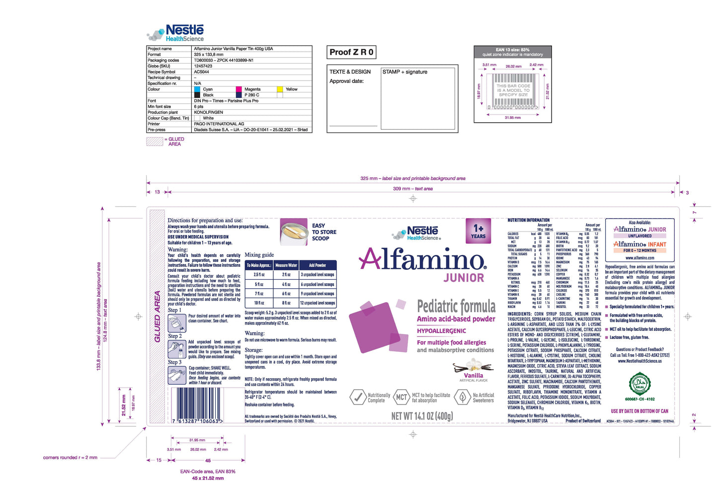 Alfamino Junior Amino Acid–Based Pediatric Formula, Vanilla, 14.1-ounce can 6/CASE -07613287106070